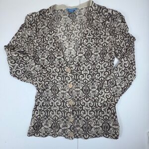 White‎ + Warren 100% Cashmere Cardigan Womens M Scroll Pattern V Neck